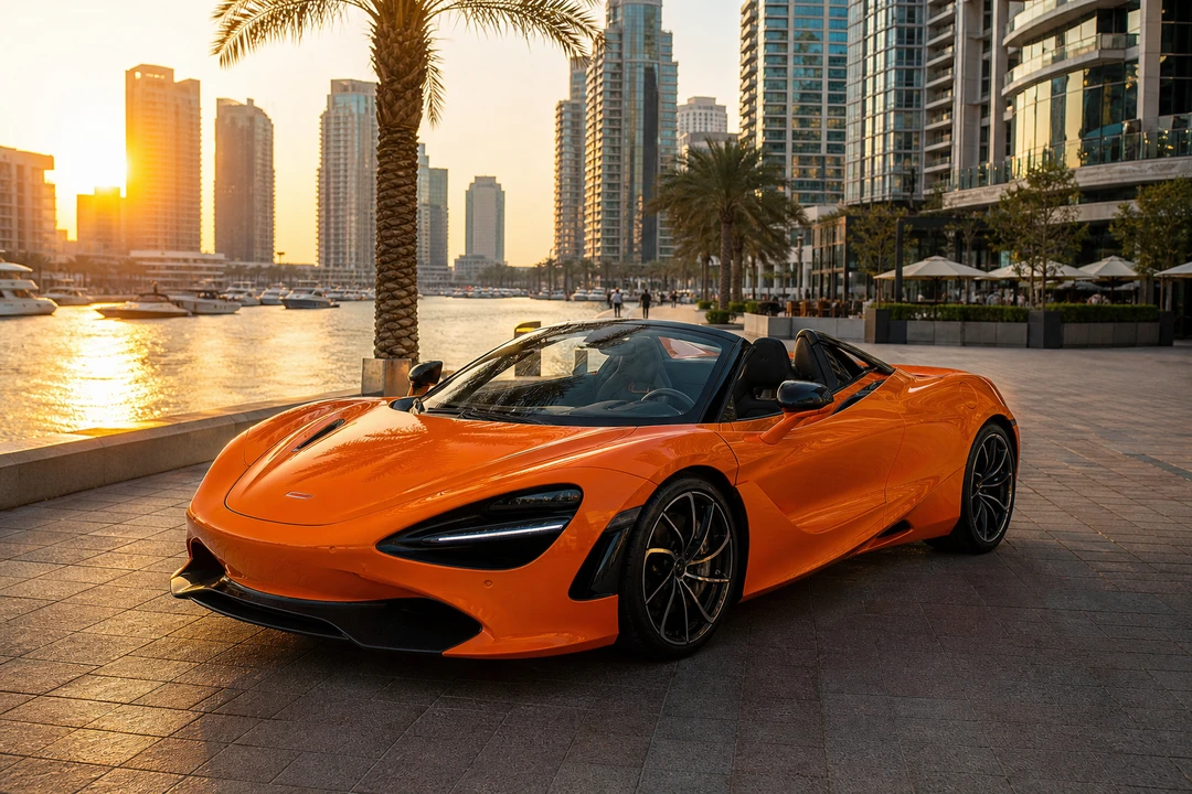 McLaren 750S Spider exterior on Dubai Marina Walk at sunset for McLaren 750S Spider rental Dubai plans