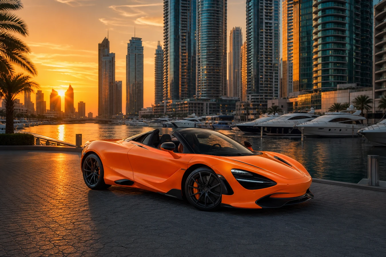 McLaren 750S Spider rental Dubai guide hero with papaya orange Spider roof down at Marina golden hour