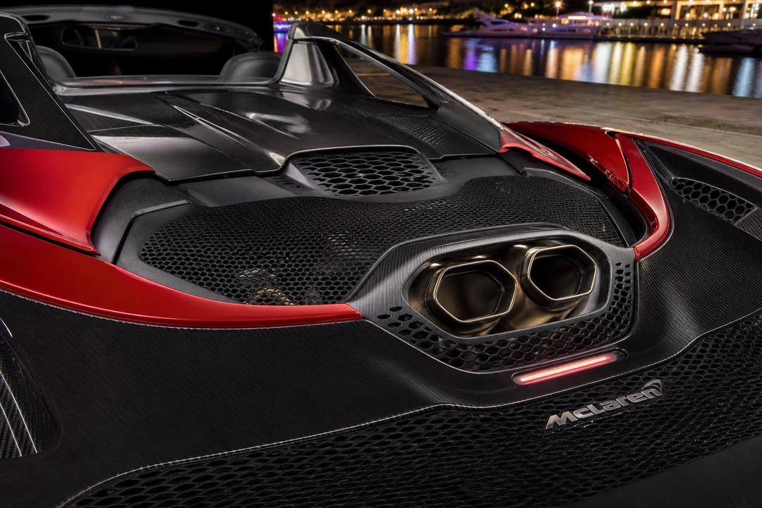 McLaren 750S Spider rear active aero deck detail with roof stowed for lightweight supercar character