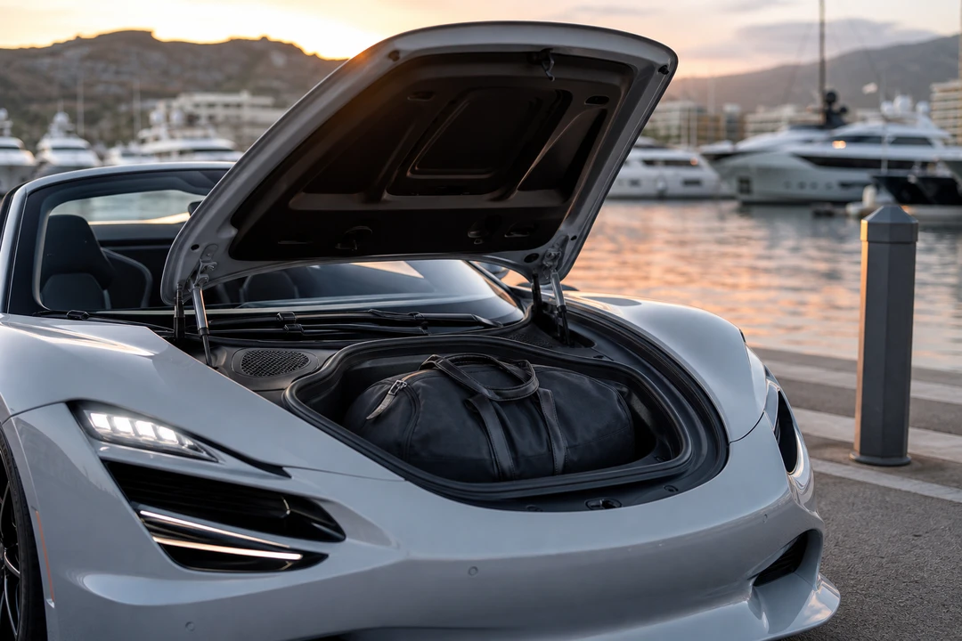 McLaren 750S Spider front luggage space with soft weekend bag for two-seat Marina trips