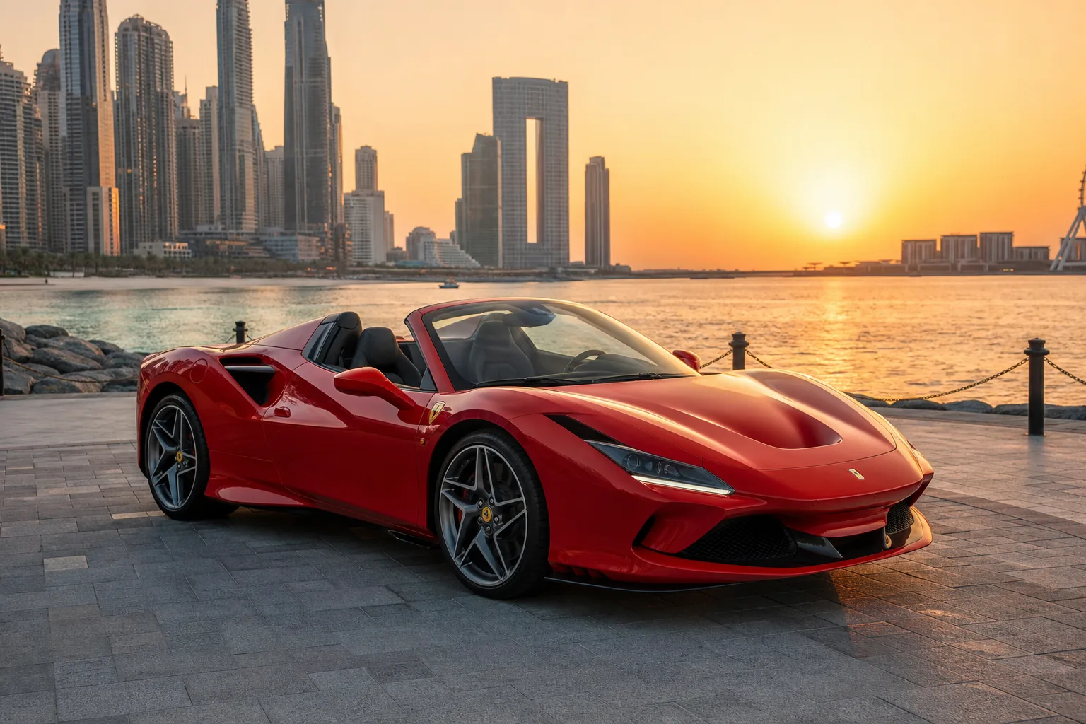 Ferrari F8 Tributo Spider at JBR The Walk for supercar rental Dubai nightlife