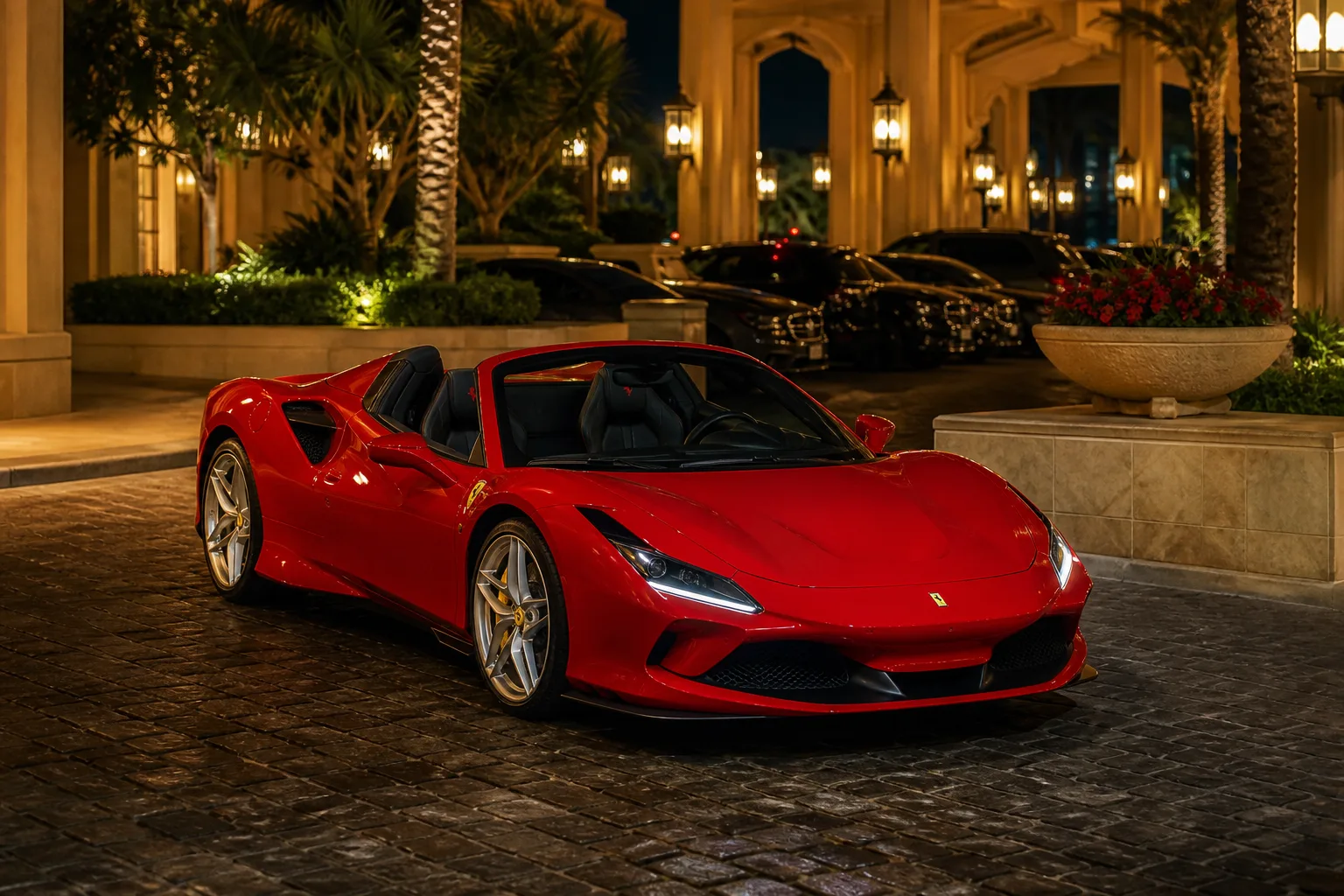Ferrari F8 Tributo Spider at a Palm Jumeirah valet for luxury car comparison Dubai