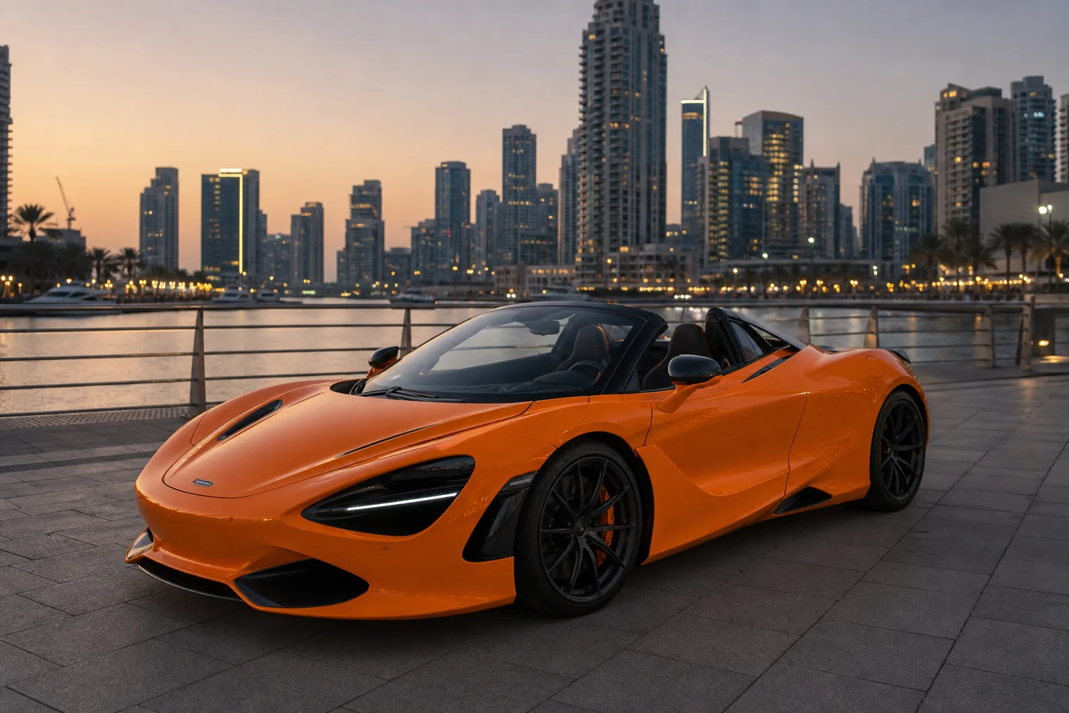 McLaren 750S vs Ferrari F8 Spider Dubai hero with a 750S Spider on Dubai Marina at dusk