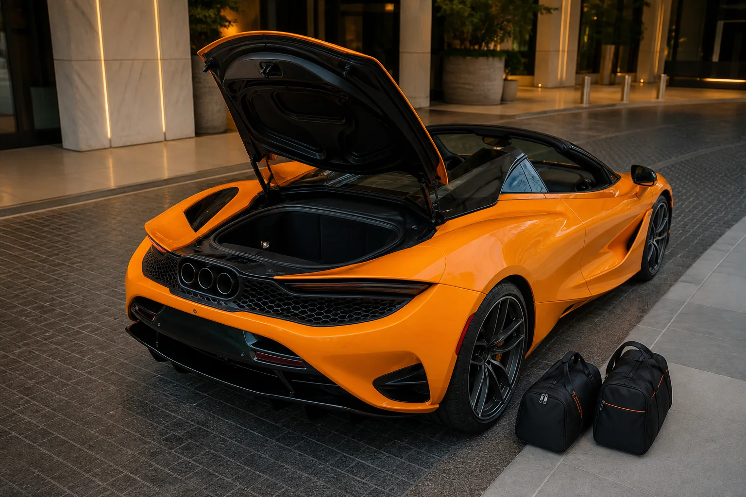 McLaren 750S Spider with two duffels at a Dubai hotel kerb for luxury car hire Dubai packing