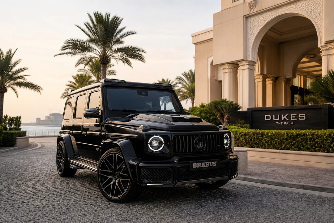 Mercedes-Benz G63 Brabus at Palm Jumeirah resort arrival for luxury SUV rental Dubai VIP weeks