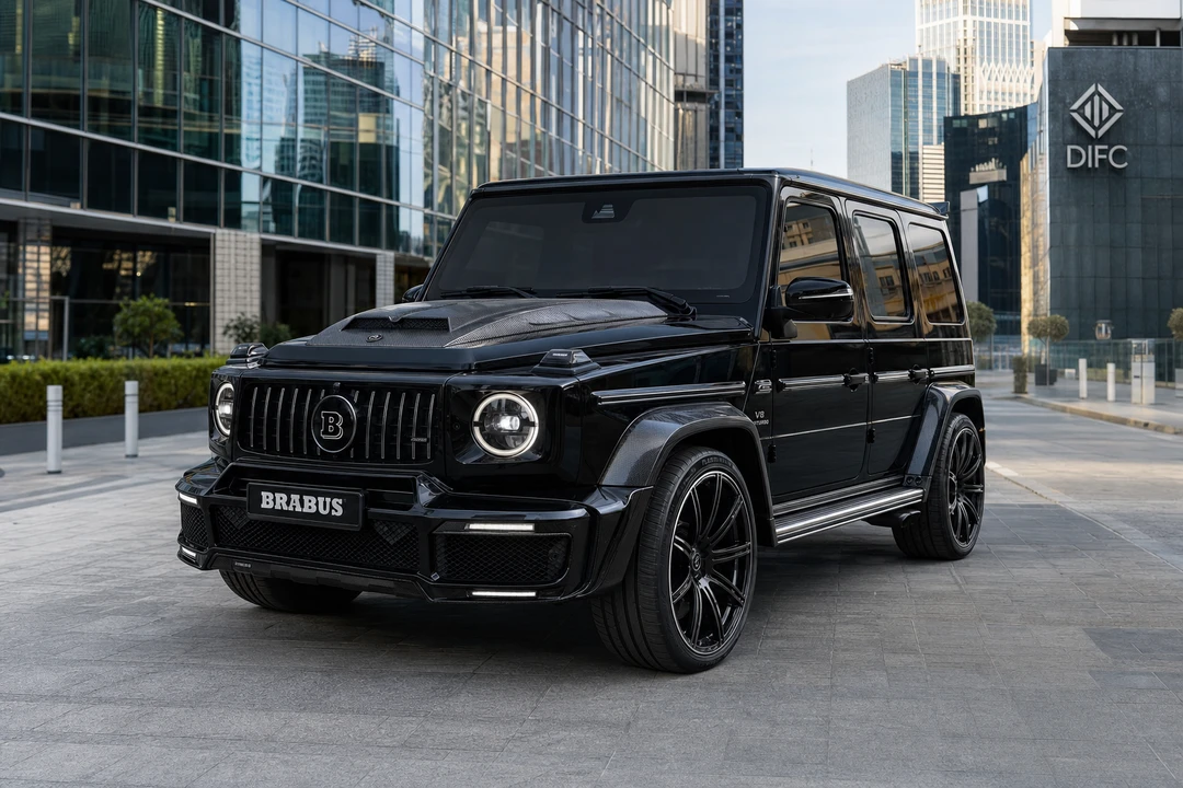 Mercedes-Benz G63 Brabus exterior widebody stance at DIFC for rent Mercedes-Benz G63 Brabus Dubai plans
