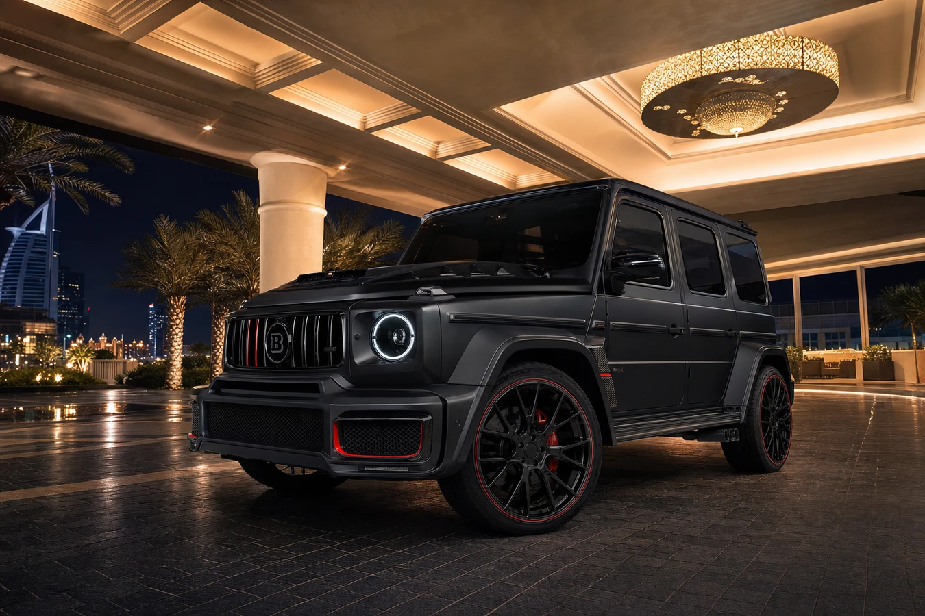 Mercedes-Benz G63 Brabus rental Dubai guide hero with widebody G-Class at a VIP hotel forecourt at night