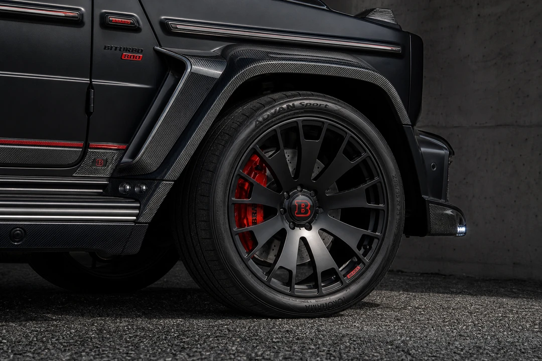 Mercedes-Benz G63 Brabus widebody wheel and red B logo detail for tuned G-Class character
