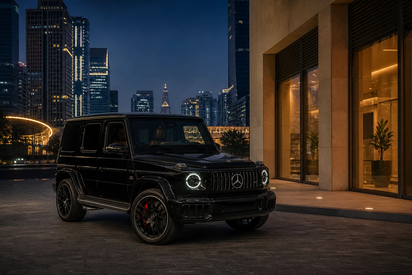 Mercedes-Benz G63 Facelift rental Dubai guide hero with black AMG G-Class at DIFC evening light
