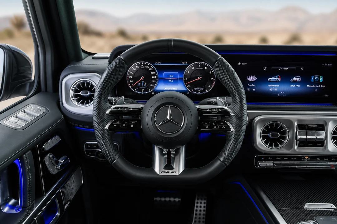 Mercedes-Benz G63 Facelift cabin with digital cluster and AMG seats for updated comfort in Dubai