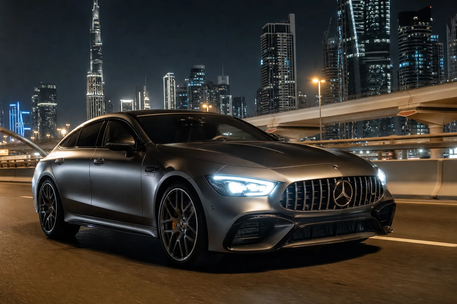 Rent Mercedes Benz luxury car Dubai: AMG GT 63 on Sheikh Zayed Road at night