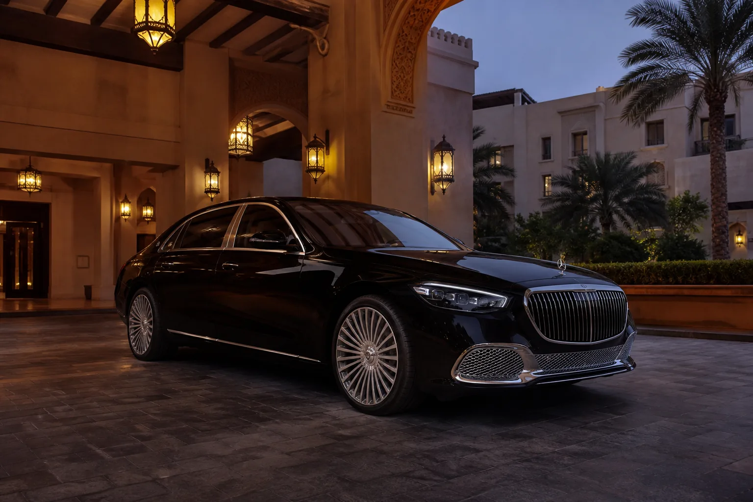 Mercedes Benz luxury car rental Dubai hero with a Maybach S 580 at a Downtown hotel at dusk