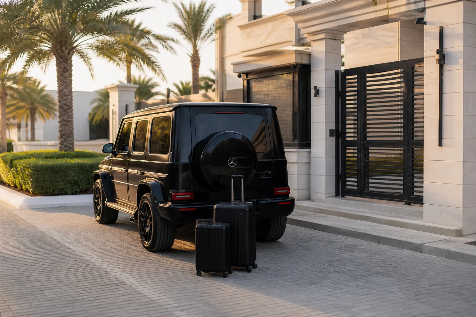 Mercedes-Benz G63 at a Dubai villa gate with luggage for luxury car rental Dubai family weeks