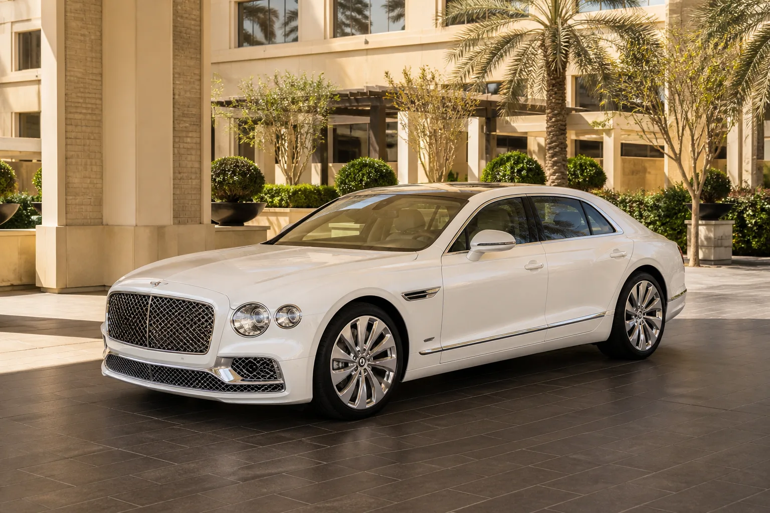 Luxury sedan at a Dubai hotel porte-cochère for luxury car hire Dubai when the driver is 21 or older