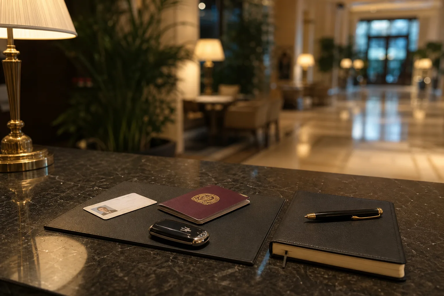 Minimum age luxury car rental Dubai: licence, passport, and a sedan key at a hotel desk before handover
