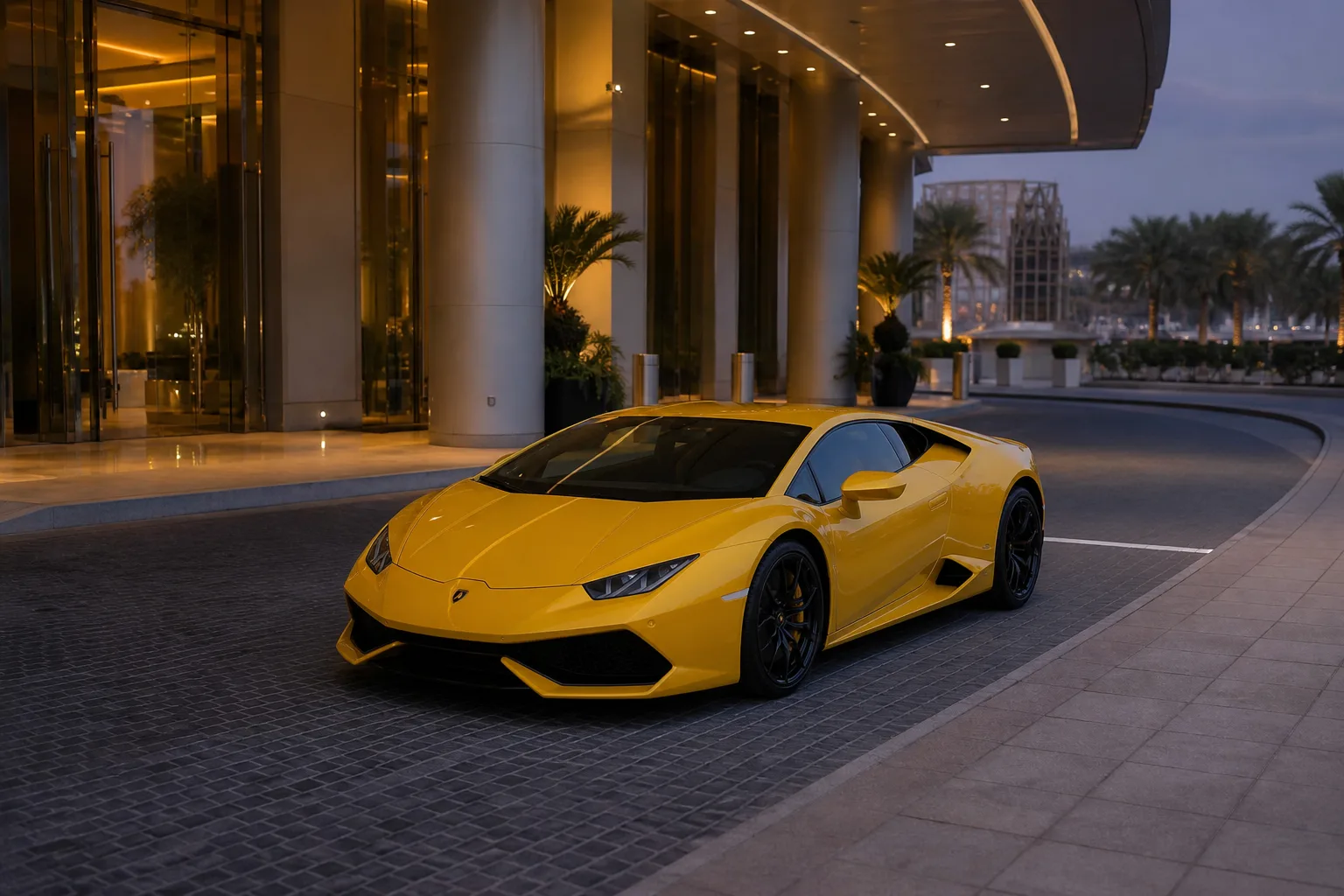 Two-seat supercar at a Dubai hotel valet for rent supercar Dubai age checks at 25