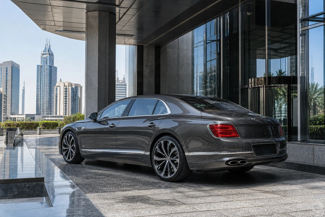 Bentley Flying Spur at a DIFC tower drop-off for a month-long executive luxury hire