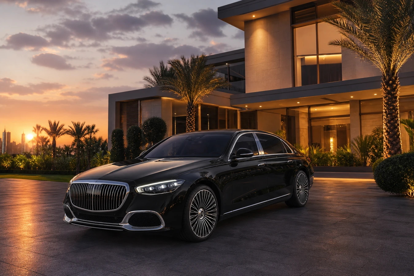 Monthly luxury car rental Dubai with a Maybach sedan at a Dubai Hills villa driveway at dusk
