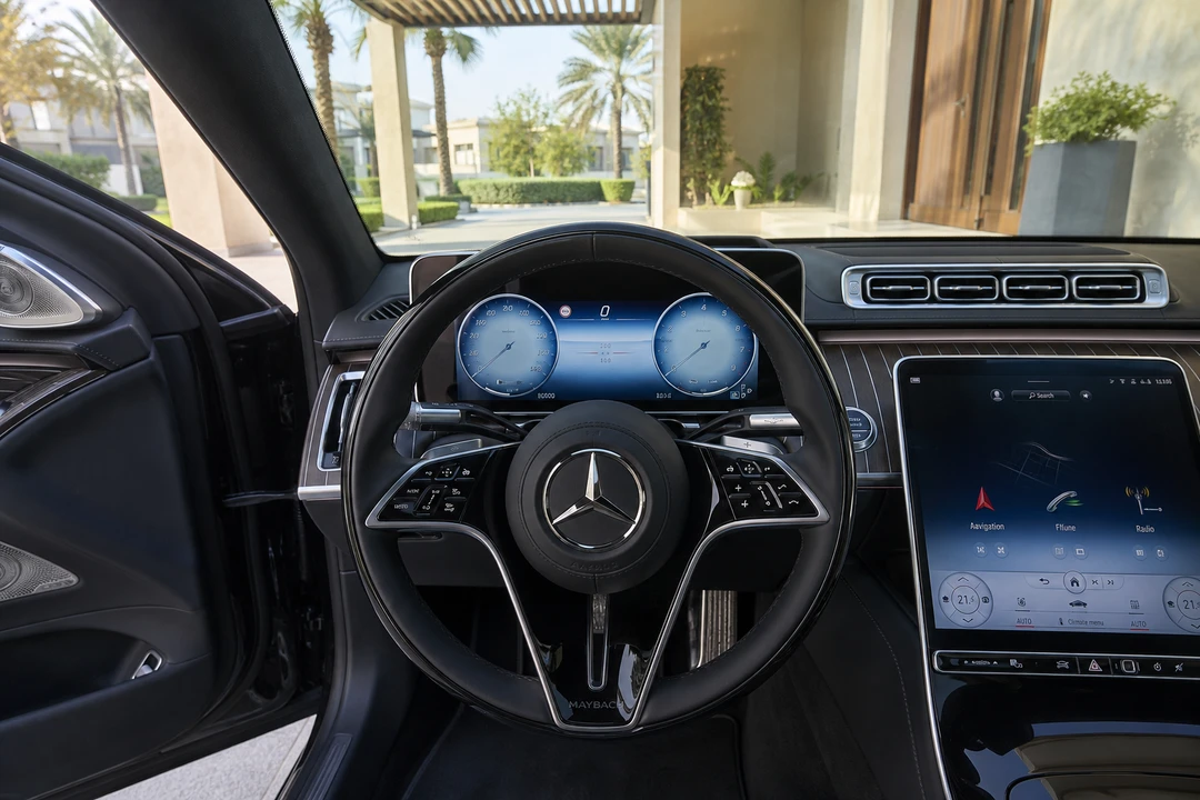 Maybach digital cluster at a Dubai Hills villa handover for a 30-day luxury rental