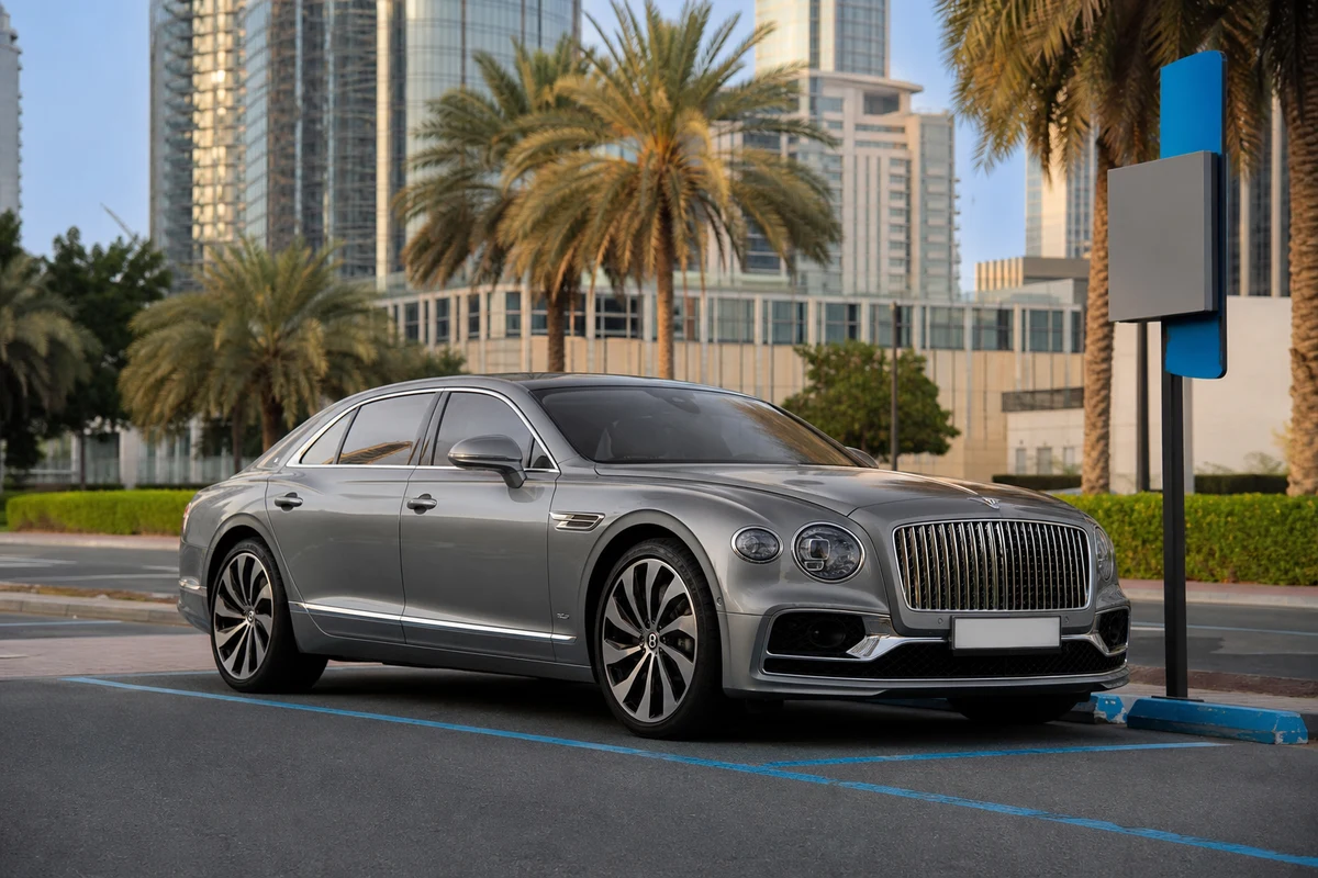 Luxury rental car parked in marked Dubai paid zone with app payment confirmed