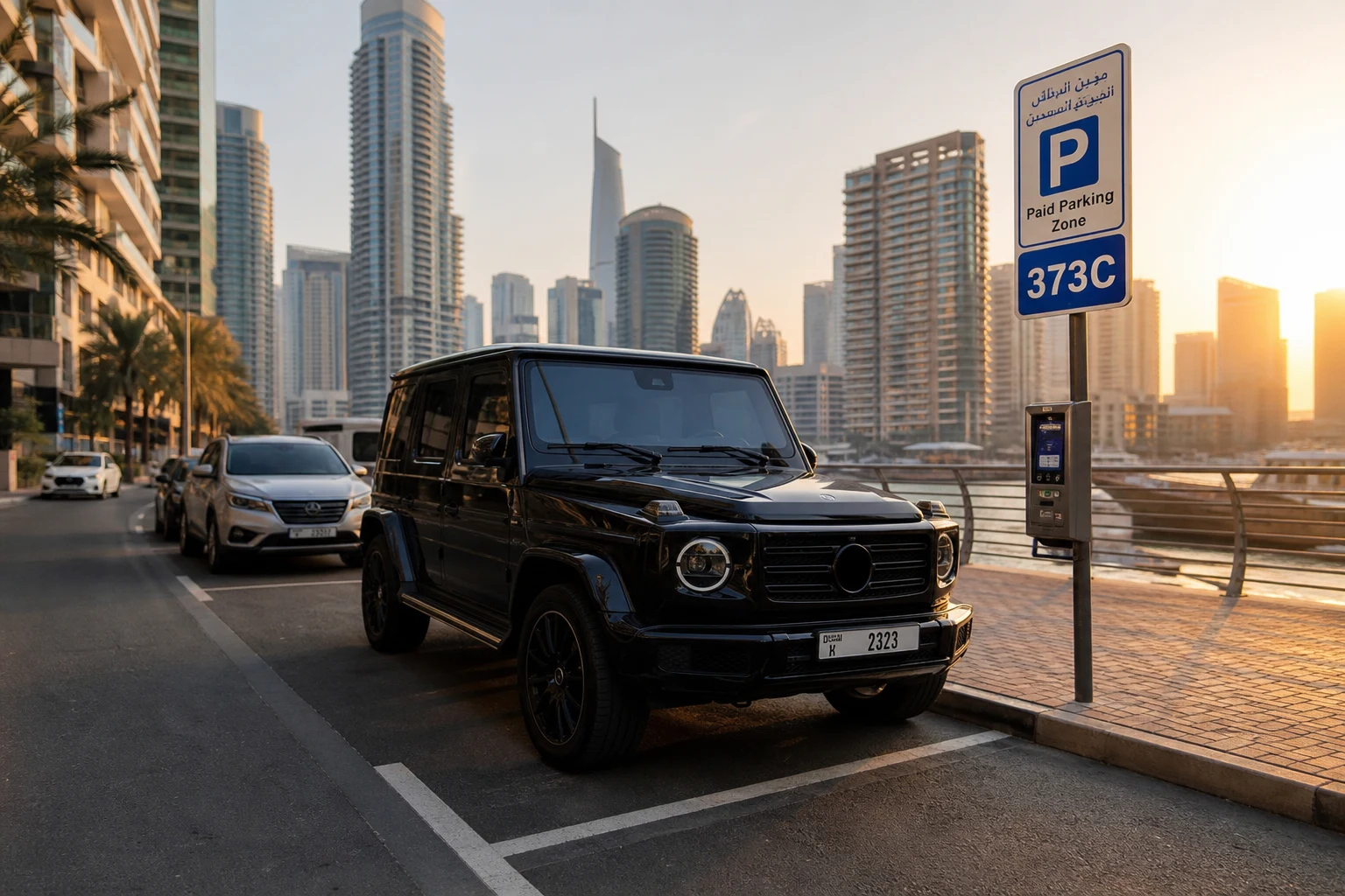 Dubai paid parking bay signage near Marina with rental car ready for legal kerbside stop