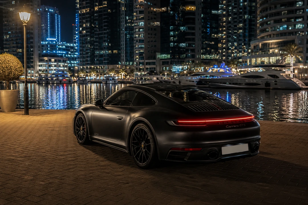Porsche 911 Carrera GTS at Dubai Marina waterfront at night for Porsche car rental Dubai dinner arrivals