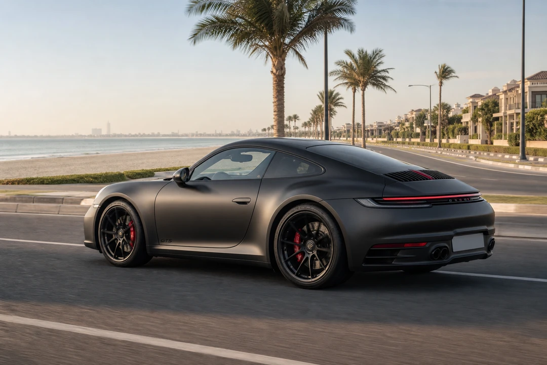 Porsche 911 Carrera GTS exterior on Jumeirah Beach Road for rent Porsche 911 Carrera GTS Dubai coastal plans