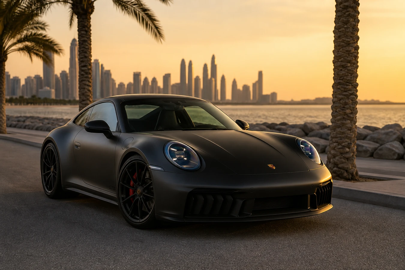 Porsche 911 Carrera GTS rental Dubai guide hero with black coupe on Palm Jumeirah at golden hour