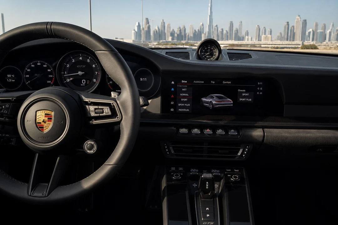 Porsche 911 Carrera GTS cockpit with Sport Chrono and digital cluster for Dubai sports-car weekends