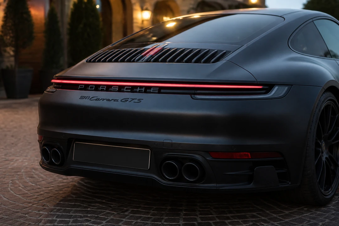 Porsche 911 Carrera GTS rear badge and quad exhaust detail for T-Hybrid sports-car character in Dubai