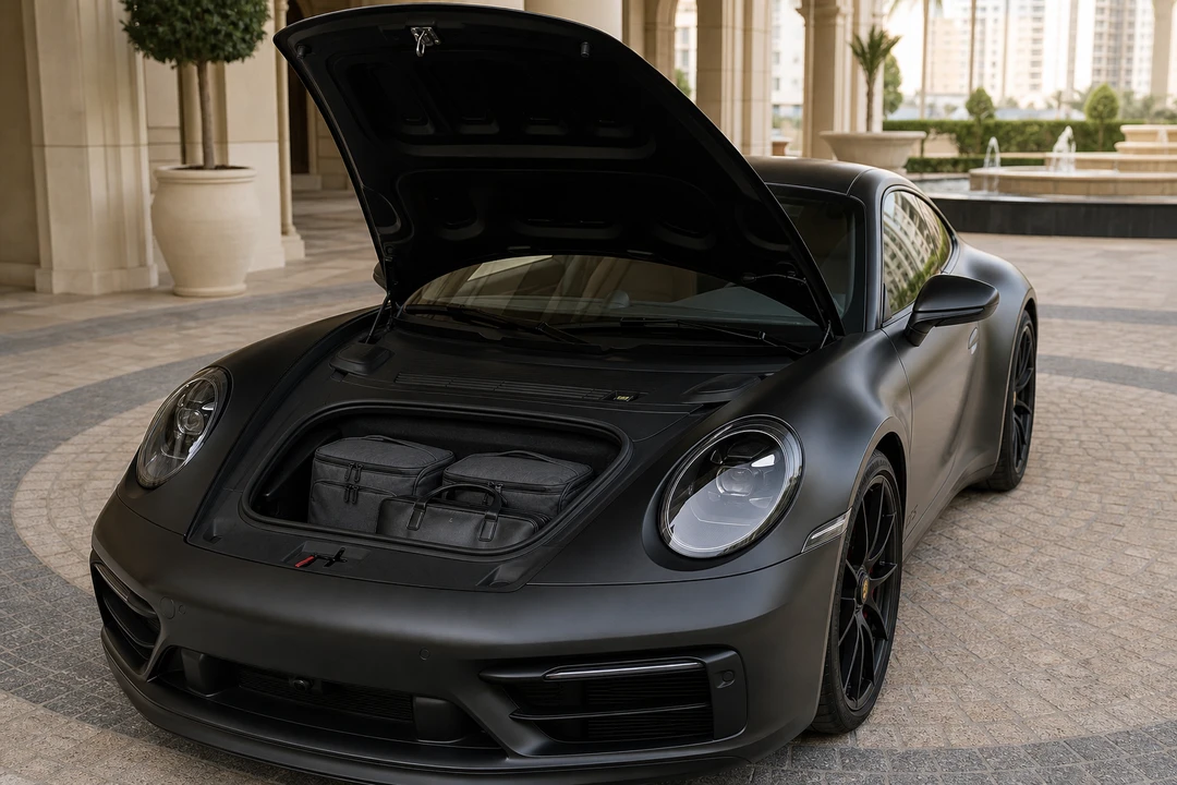 Porsche 911 Carrera GTS front boot with soft weekend bags for usable Dubai luggage plans