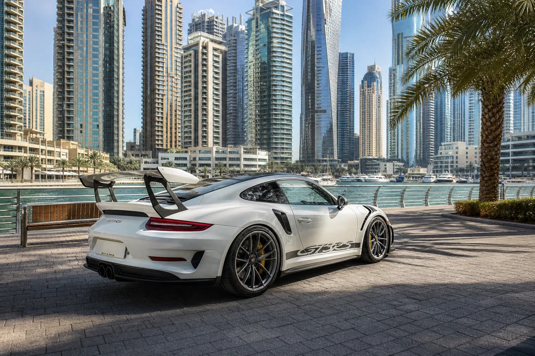 Porsche 911 GT3 RS at Dubai Marina boardwalk for weekend supercar rental Dubai experiences