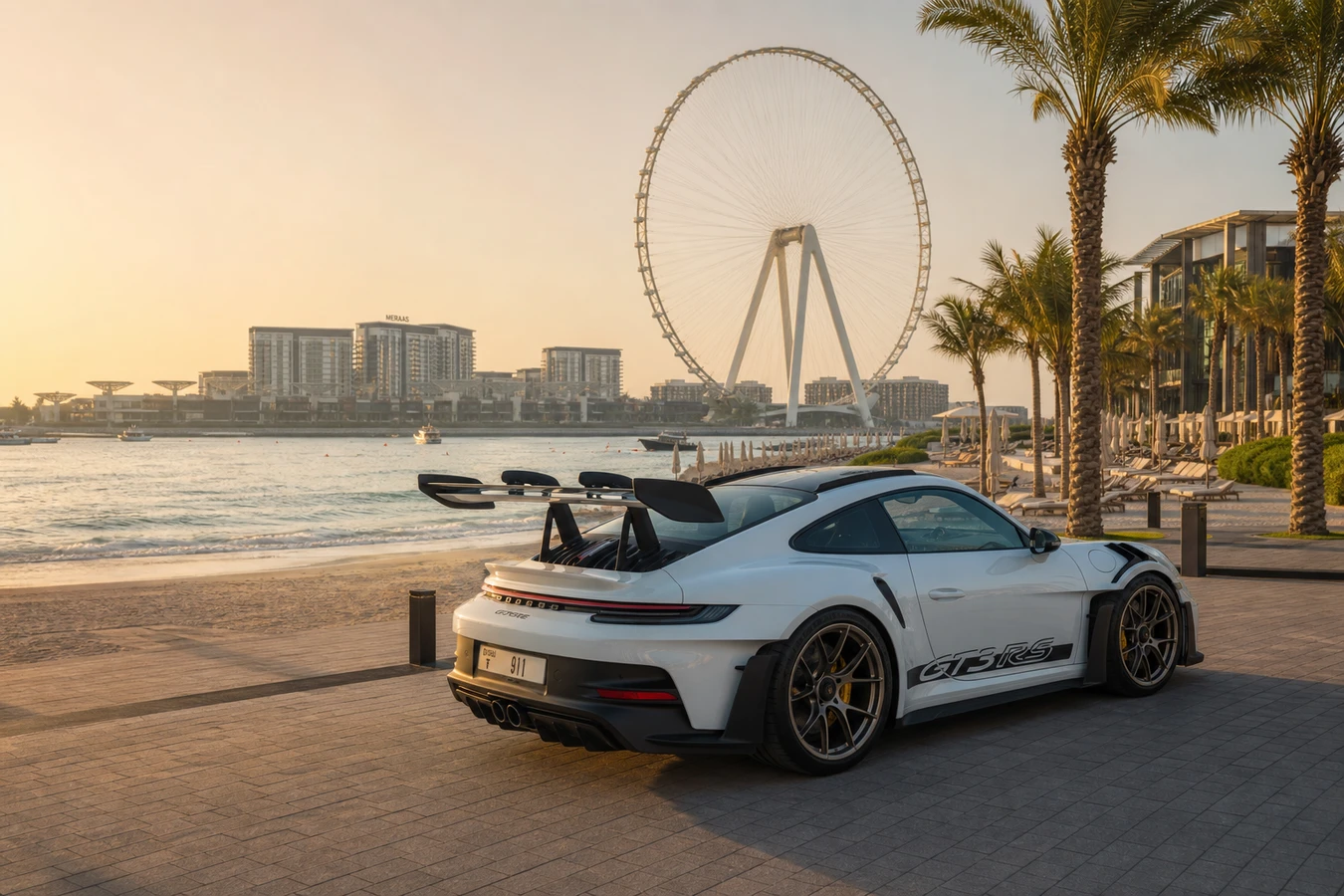 Porsche 911 GT3 RS rental Dubai guide hero with white GT3 RS at JBR The Walk morning light