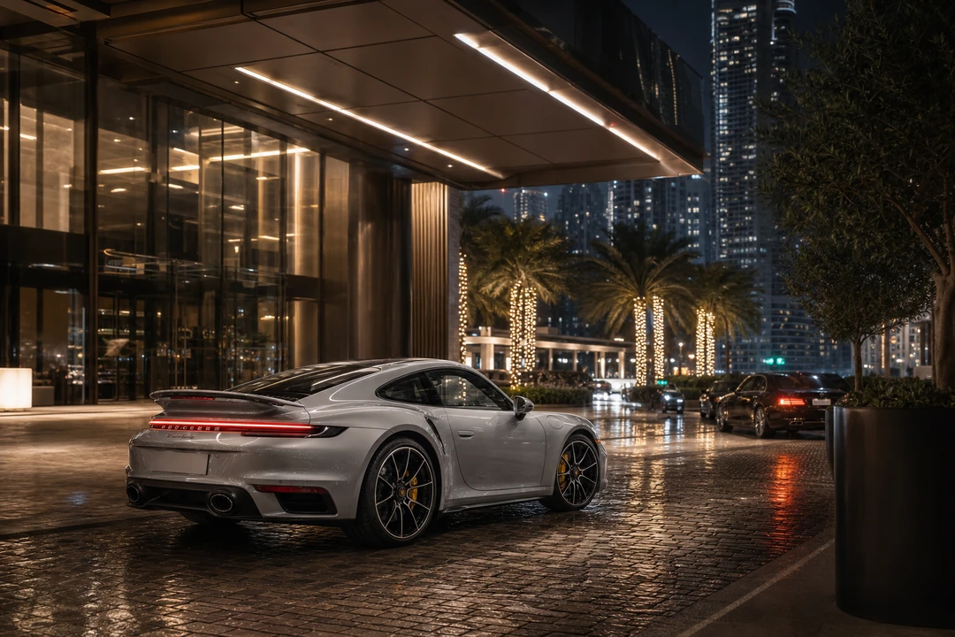 Porsche 911 Turbo S at Downtown Dubai hotel forecourt at night for everyday supercar arrivals