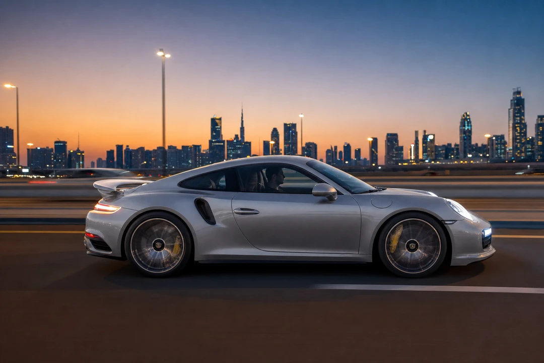 Porsche 911 Turbo S exterior on Sheikh Zayed Road at dusk for rent Porsche 911 Turbo S Dubai plans
