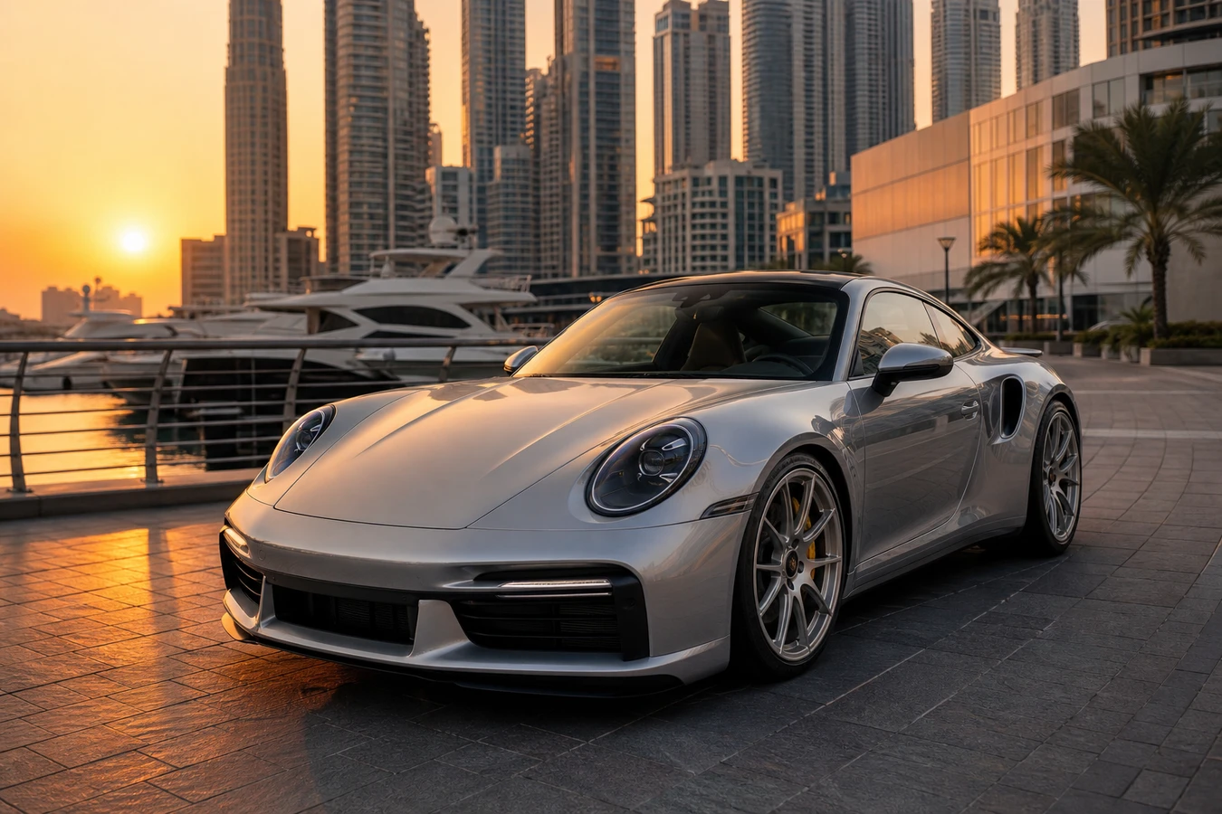 Porsche 911 Turbo S rental Dubai guide hero with silver Turbo S coupe at Dubai Marina golden hour