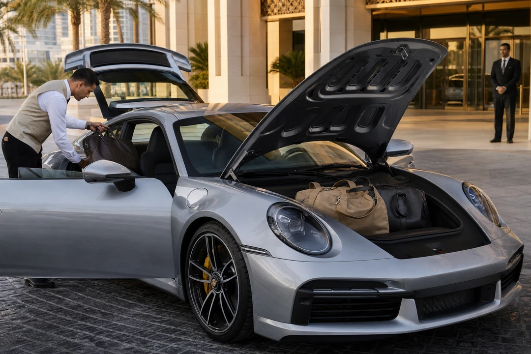 Porsche 911 Turbo S front boot and rear seats with weekend bags for usable Dubai luggage plans
