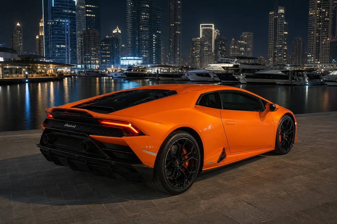 Lamborghini Huracán EVO at Dubai Harbour at night for best luxury car Dubai event arrivals