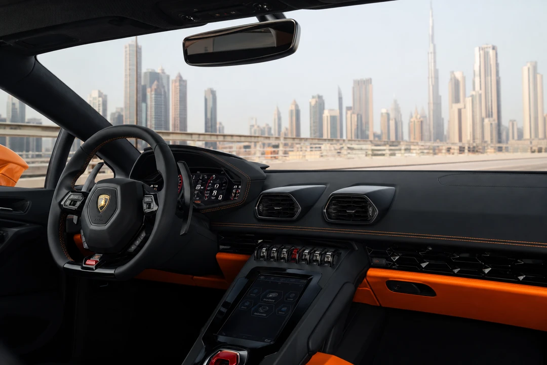 Lamborghini Huracán EVO cockpit for supercar rental Dubai cabin theatre and limited rear visibility