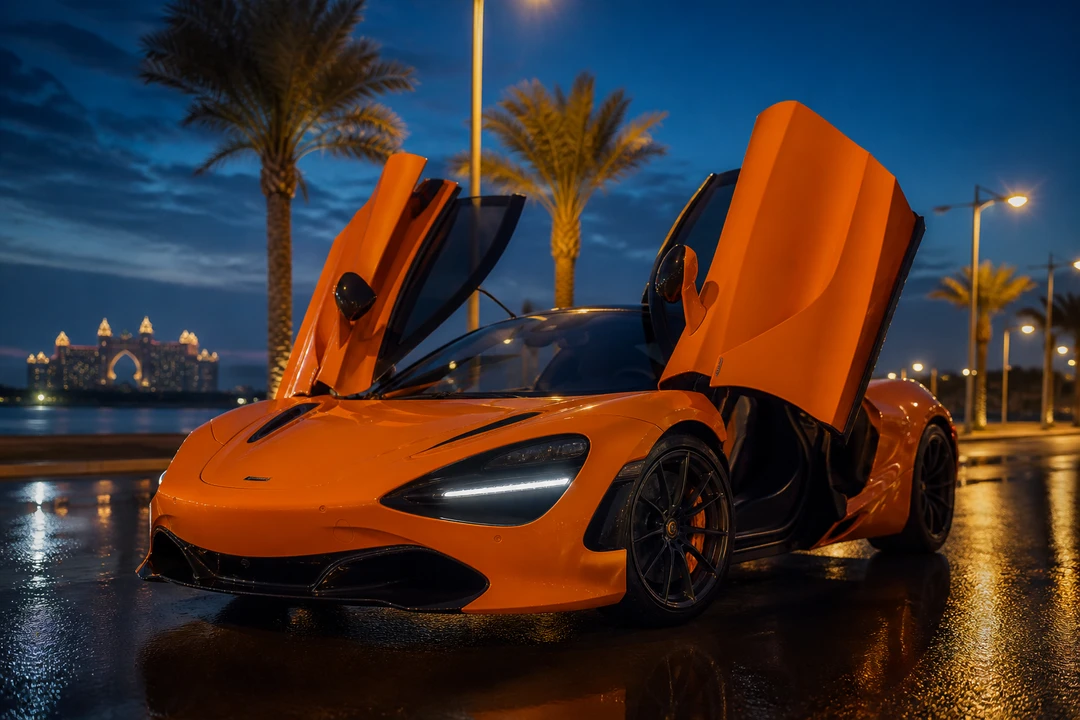 McLaren 720S with dihedral doors open on Palm Jumeirah at blue hour for best luxury car Dubai exotic arrivals