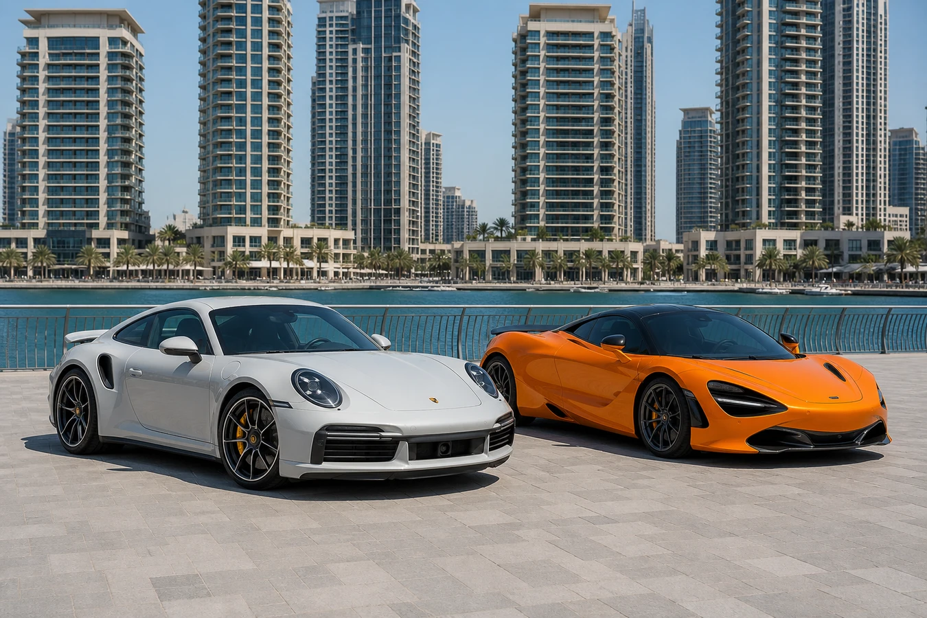 Porsche 911 vs McLaren 720S Dubai hero with a chalk 911 Turbo S and papaya 720S at Dubai Creek Harbour