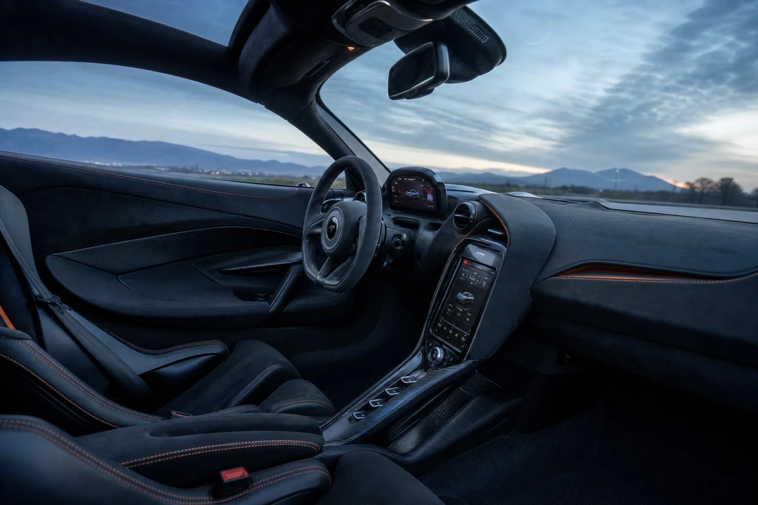 McLaren 720S carbon cockpit at dawn for supercar rental Dubai exotic cabin theatre