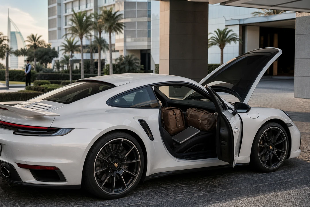 Porsche 911 Turbo S rear seats with soft bags at a Jumeirah hotel kerb for luxury car hire Dubai packing