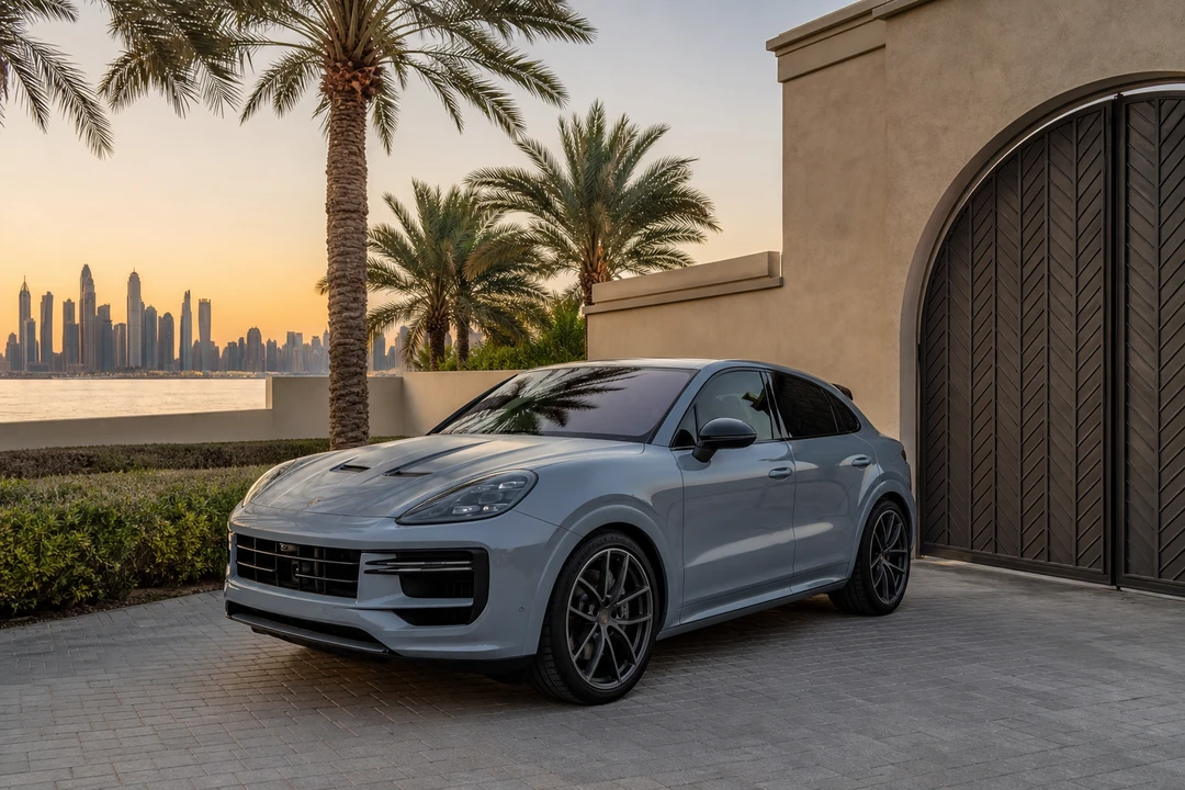 Porsche Cayenne Turbo GT at a Palm Jumeirah villa for rent Porsche Dubai SUV weeks