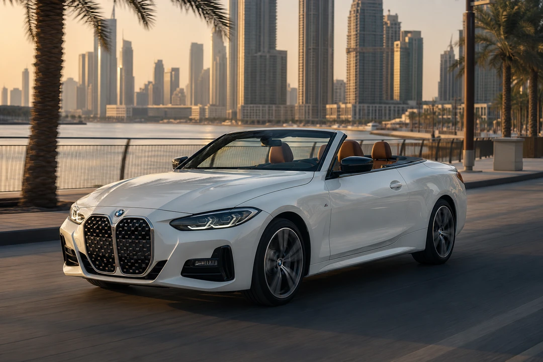 BMW 430i Convertible on Dubai Creek Harbour at golden hour for best cars to rent Dubai open-top proposal loops