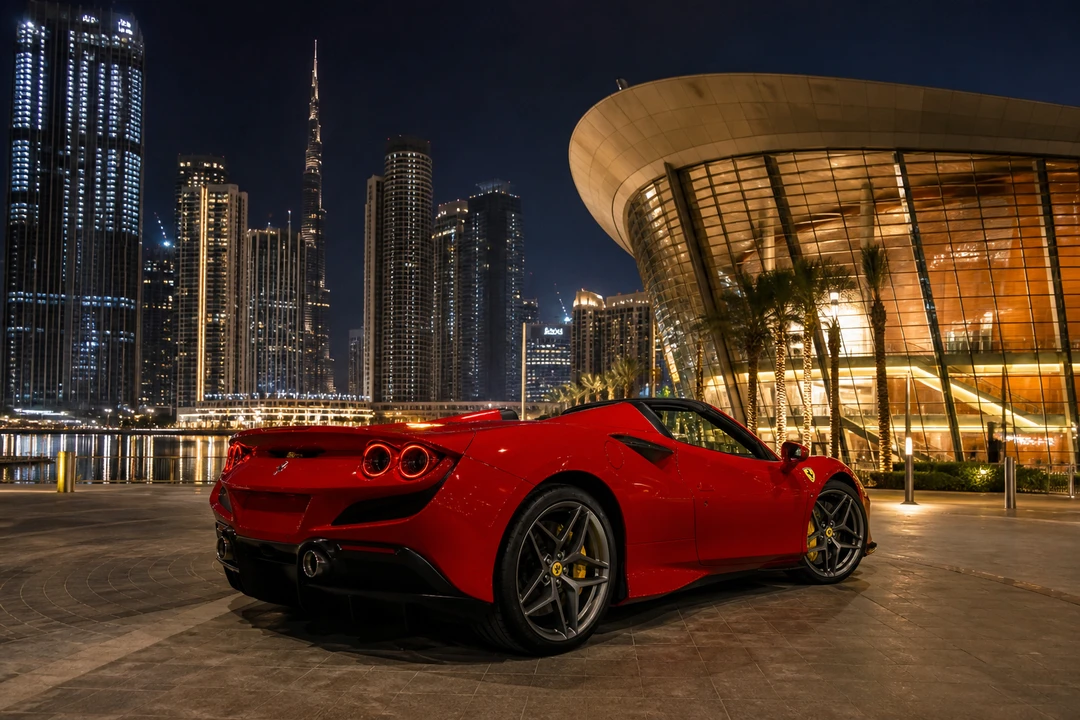 Ferrari F8 Tributo Spider at Dubai Opera at night for supercar rental Dubai proposal photographs