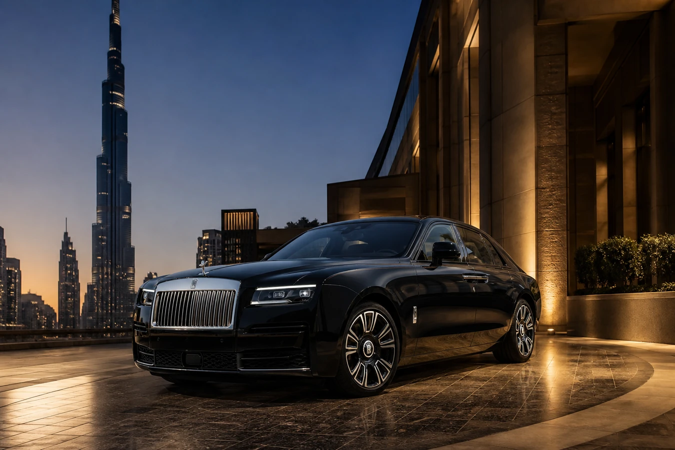 Proposal car rental Dubai hero with a Rolls-Royce Ghost Series II at Address Downtown and Burj Khalifa at dusk