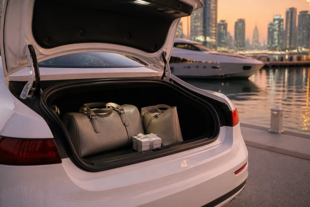 BMW 430i Convertible boot with evening bags and a gift box at Dubai Marina for Dubai car hire packing