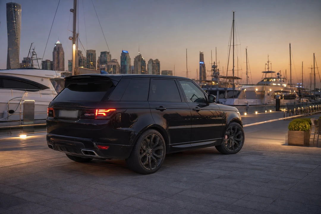 Black Range Rover Sport at Dubai Harbour in the evening for exotic car rental Dubai SUV arrivals