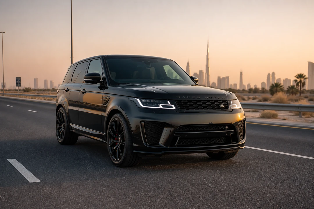 Black Range Rover Sport SVR on a Dubai highway for rent Range Rover Dubai performance SUV weeks